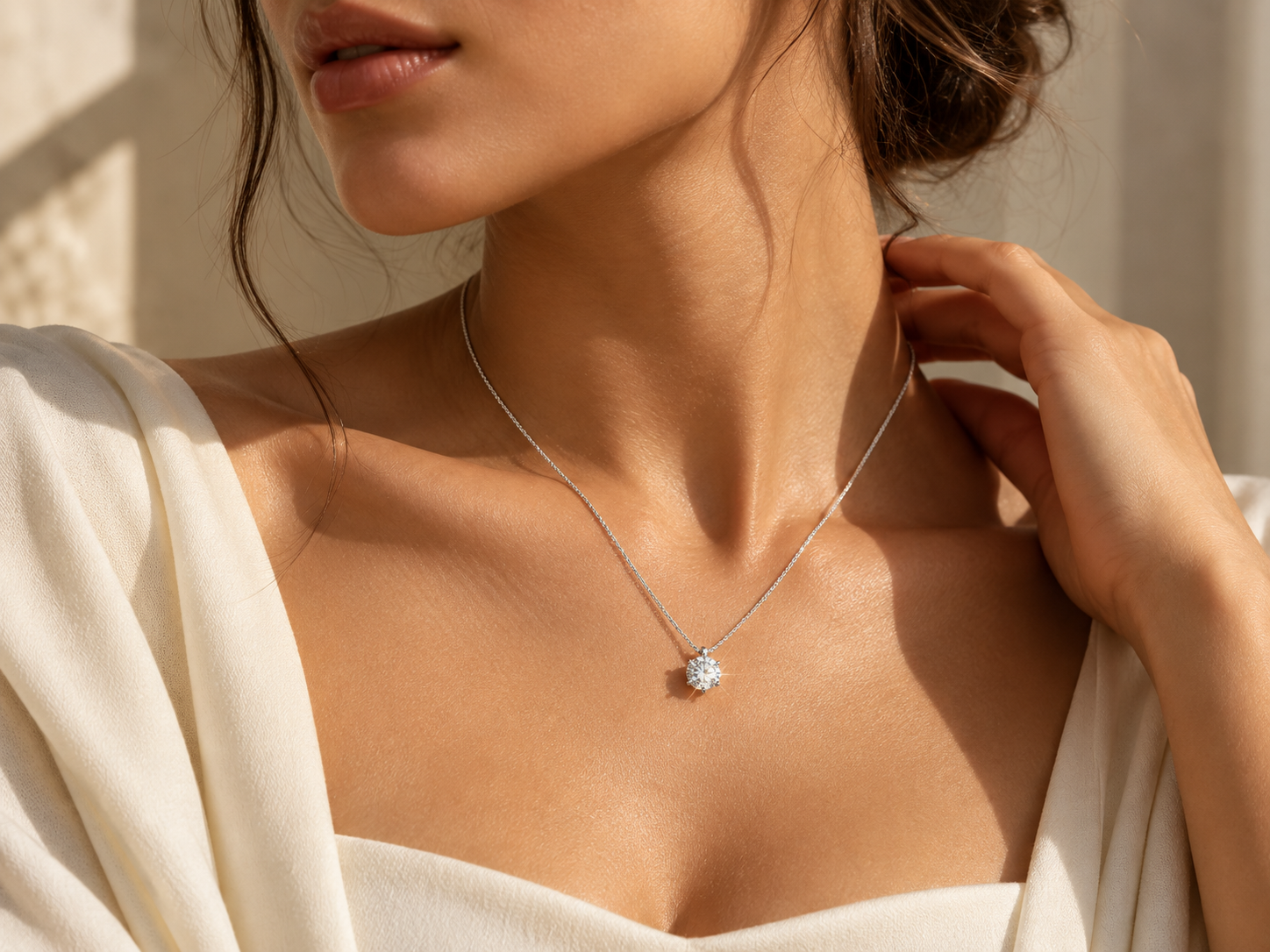 A solitaire moissanite pendant necklace worn at the collarbone in warm natural light