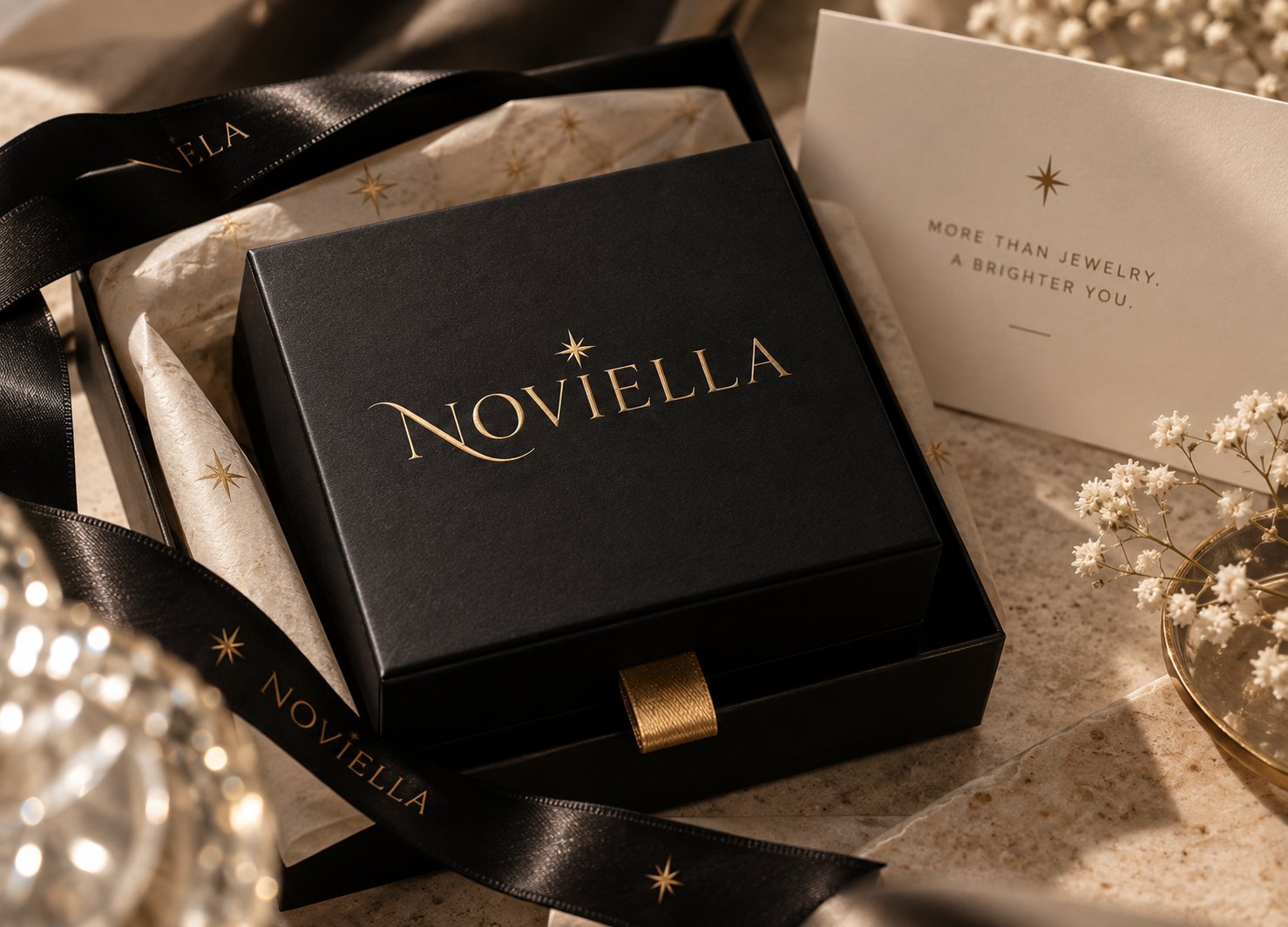 Noviella black presentation box with gold wordmark, satin ribbon, and greeting card on warm marble