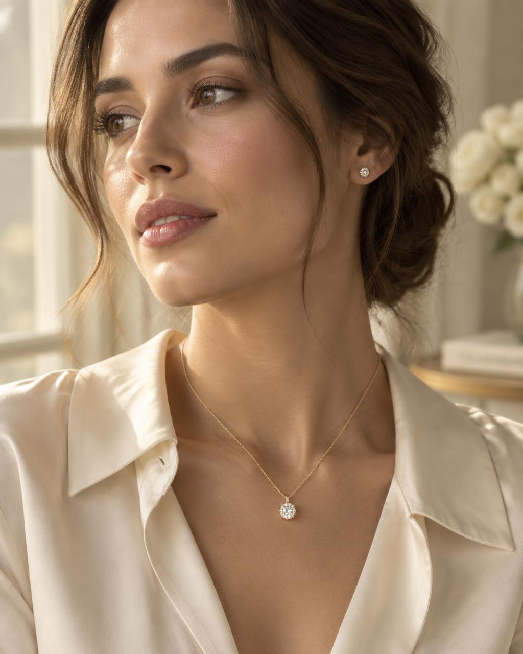 A woman wearing a delicate gold moissanite solitaire pendant necklace and matching stud earrings in warm natural light