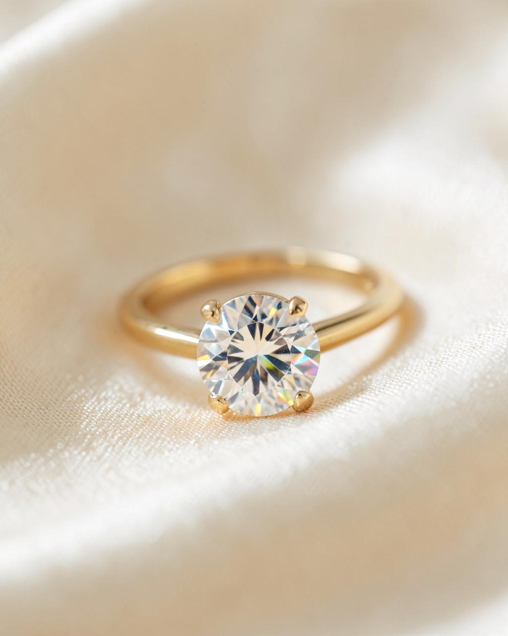 Close-up of a gold ring with a round brilliant moissanite resting on draped ivory silk in soft natural light