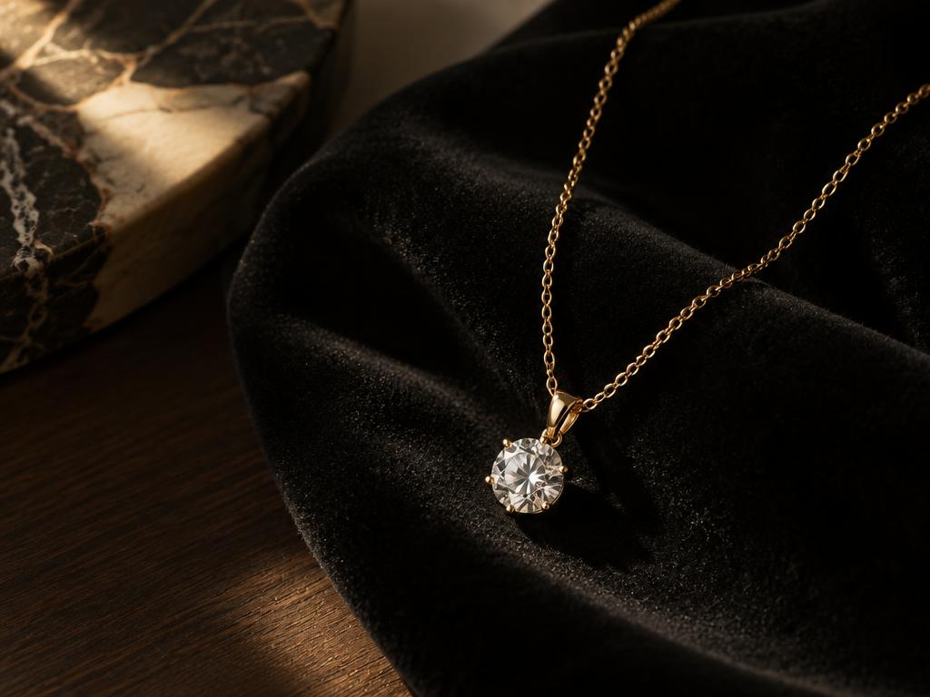 A gold moissanite solitaire pendant necklace on black silk with marble and warm light